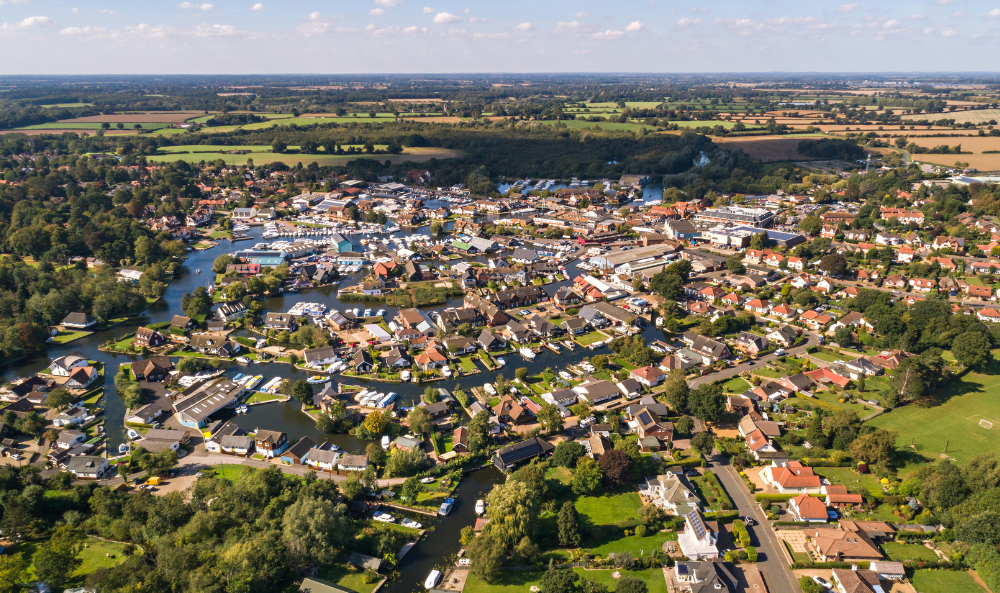 Overhead drone shot of Wroxham, Norfolk